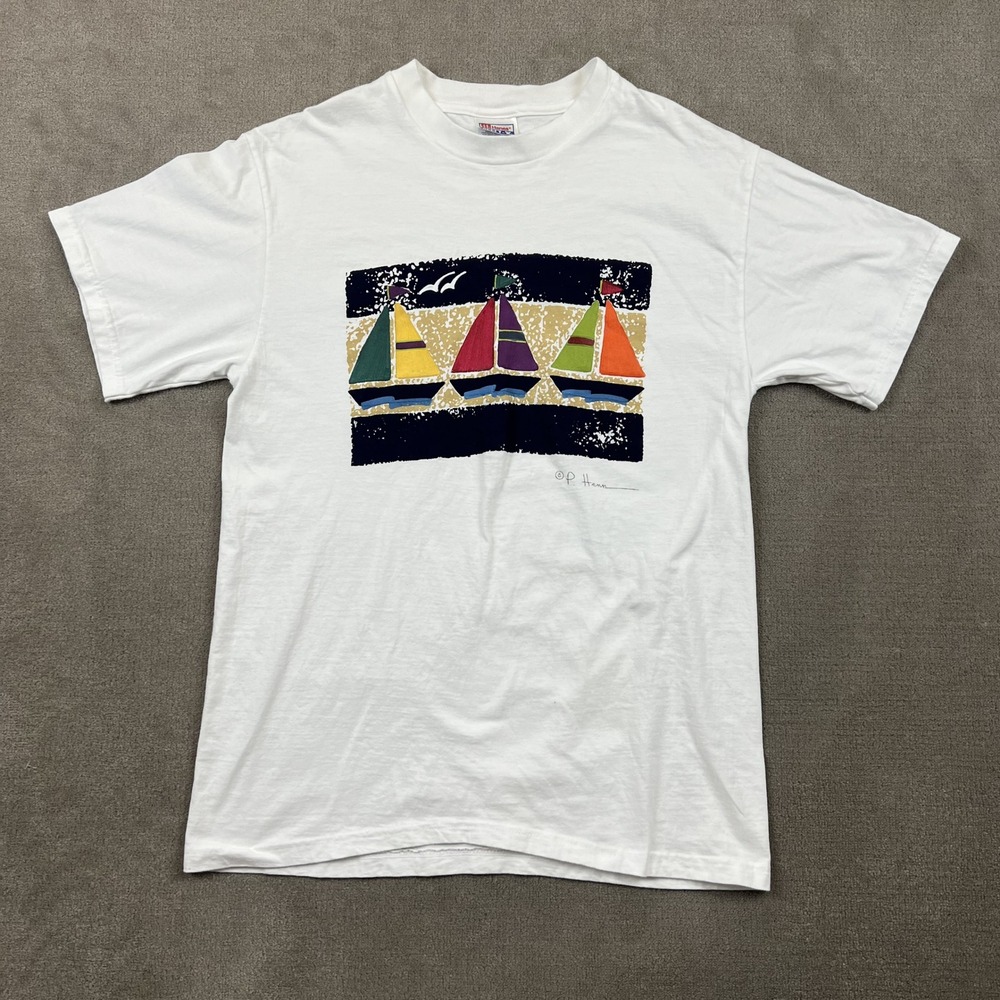 Vintage Hanes Beefy-T Sailboat Graphic Mens Medium White P. Henn Nautical Tee